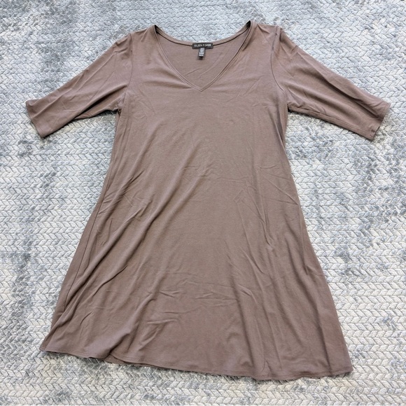 Eileen Fisher Tops - Eileen Fisher V-Neck 3/4 Sleeve Jersey Knit Tunic Dress in Taupe Brown Size XS